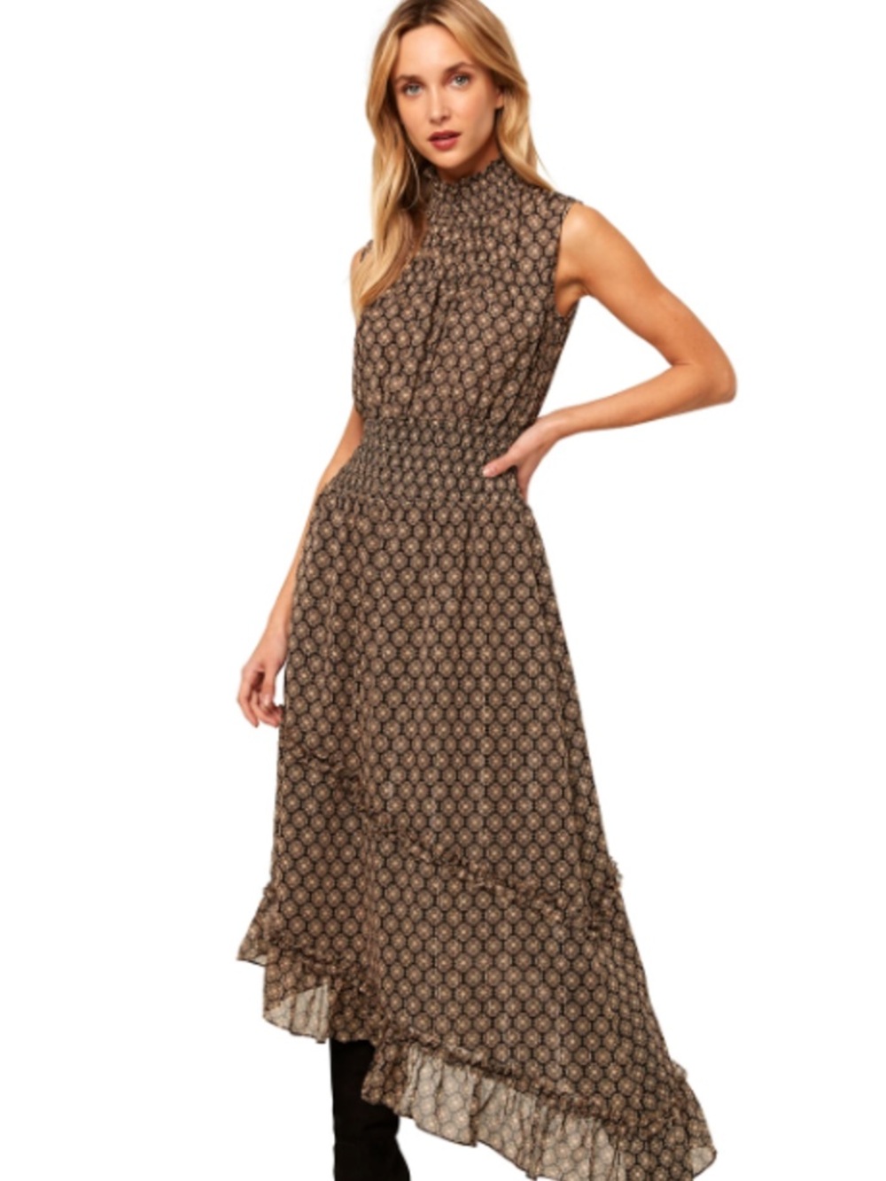 Misa Los Angeles Shalom Brown Patterned Asymmetrical Dress